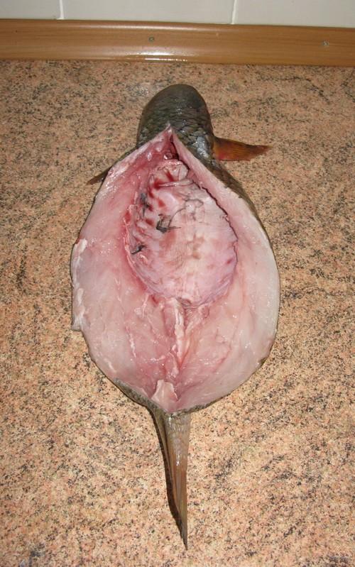 Очень осторожно, не повреждая кожу с брюшка, вынимаем внутренности рыбы и промываем получившийся «мешок» с головой и хвостом